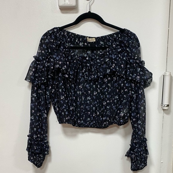 LoveShackFancy Black Ruffle Popover Floral blouse in Black Jardin Size Small - Picture 13 of 14